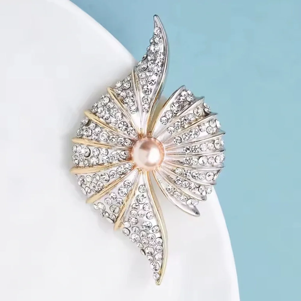 Imperial Pearl Crystal Brooch – Fan Design Gold Statement Pin